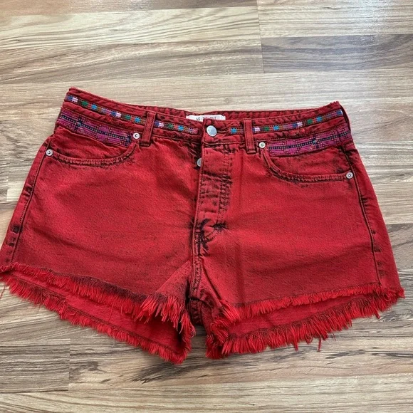 FREE PEOPLE Sun Break Embroidered-Yoke Denim Shorts Red Size 29 - Picture 3 of 10